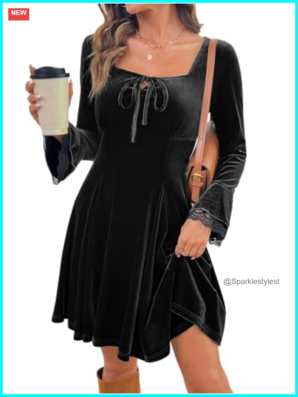 Lace Long Sleeve Velvet Fit & Flare Dress Square Neck Semi Formal